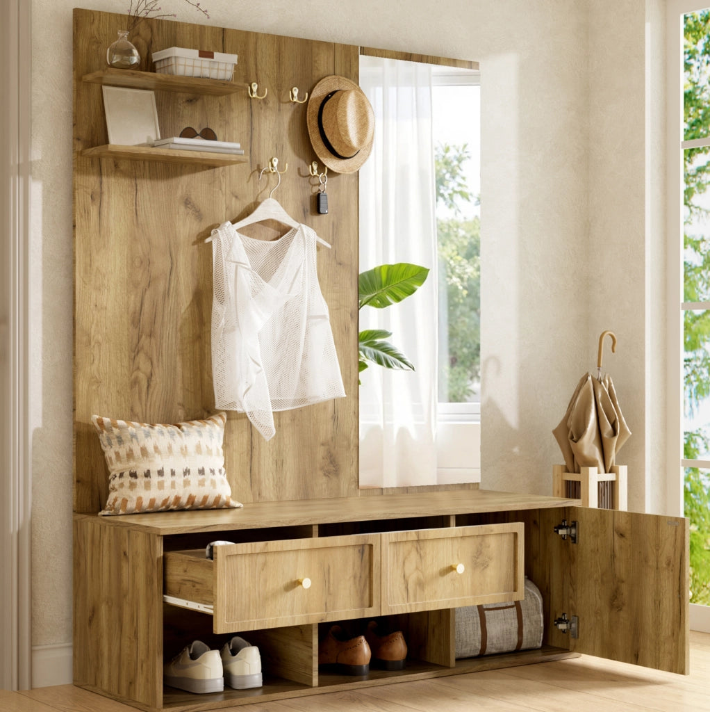 Guardaroba ingresso 120x35x159 cm con specchio; 5 ganci e 2 cassetti; effetto legno naturale