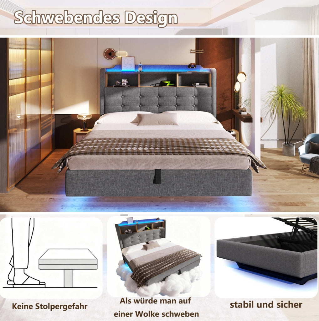 Letto imbottito 140x200 cm con LED e contenitore idraulico