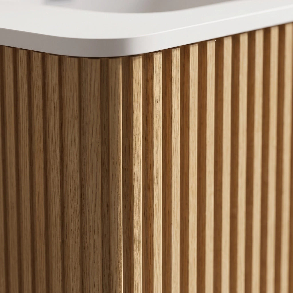 Mobile sottolavabo sospeso con cassetti push-to-open, design a scanalature verticali, per bagno, rovere, 80 cm