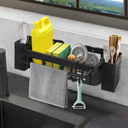 Organizzatore da cucina in acciaio inossidabile - Sostegno per l'acquaio - Senza forature - 2 supporti per asciugamani - 2 ganci - Piastra per lavandino - Supporto per asciugamani - Sostegno per l'acquaio magnetico