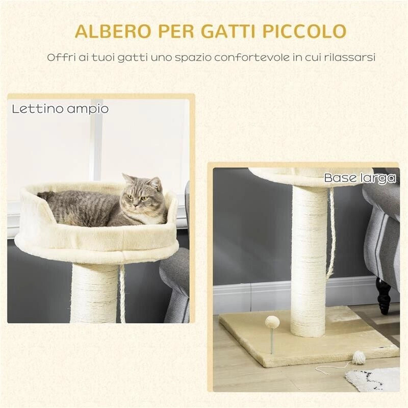 ALBERO TIRAGRAFFI PER GATTI CON LETTINO E PALLINA IN PELUCHE E PALO IN SISAL 55X55X83CM BEIGE