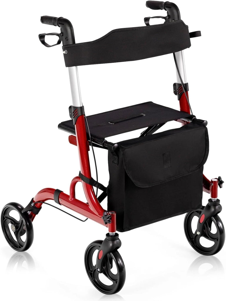 Deambulatore con Seduta 2 in 1, Rollator Pieghevole, Deambulatore per Anziani con 4 Ruote, Maniglie Regolabili Freni, con Doppia Funzione Schienale Reversibile e Borsa Portaoggetti (Rosso)