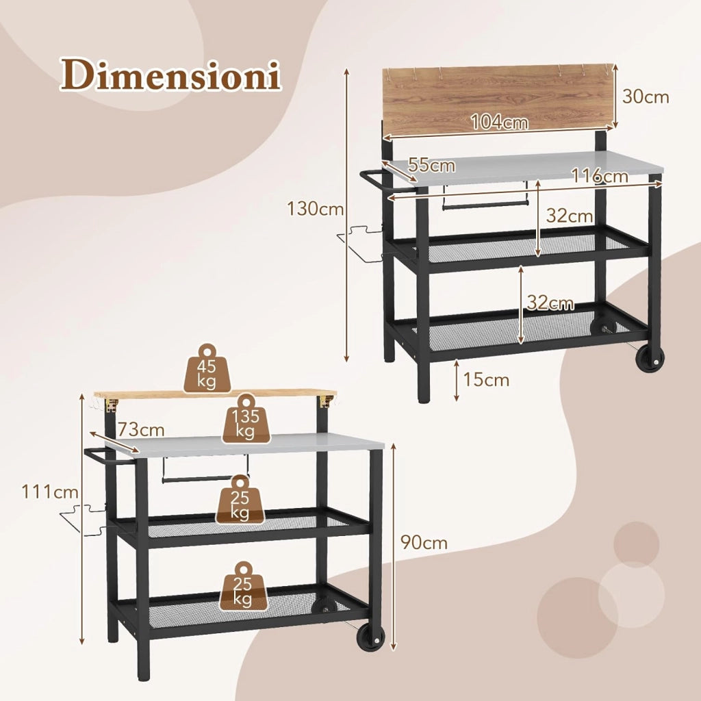 Carrello per Barbecue con 3 Ripiani e Tavola Ribaltabile, Carrello da Cucina con Ruote e 6 Ganci, Carrello Porta Griglia Multiuso in Ferro Zincato, per Interno ed Esterno, 116 x 55 x 130 cm