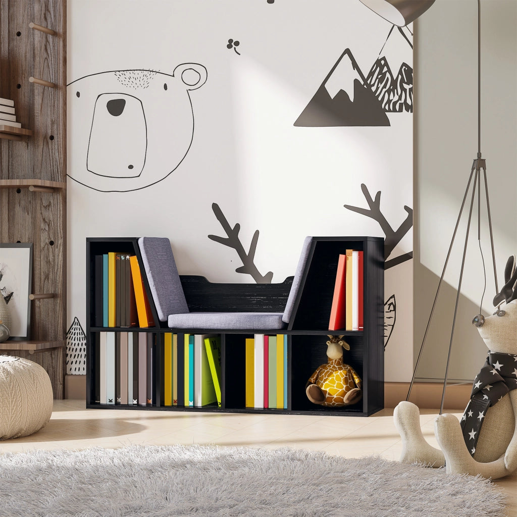 Libreria a Banco 2 in 1 con Cuscini ¨C Zephmum ¨C 102x30x61 cm, Nero
