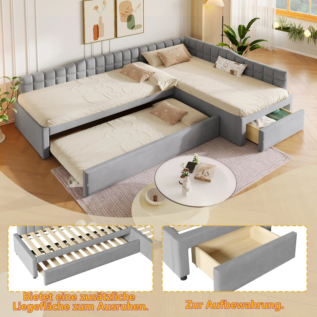 Letto combinato a L 90 × 200 cm con letto estraibile, 2 cassetti, senza materasso, in flanella grigio