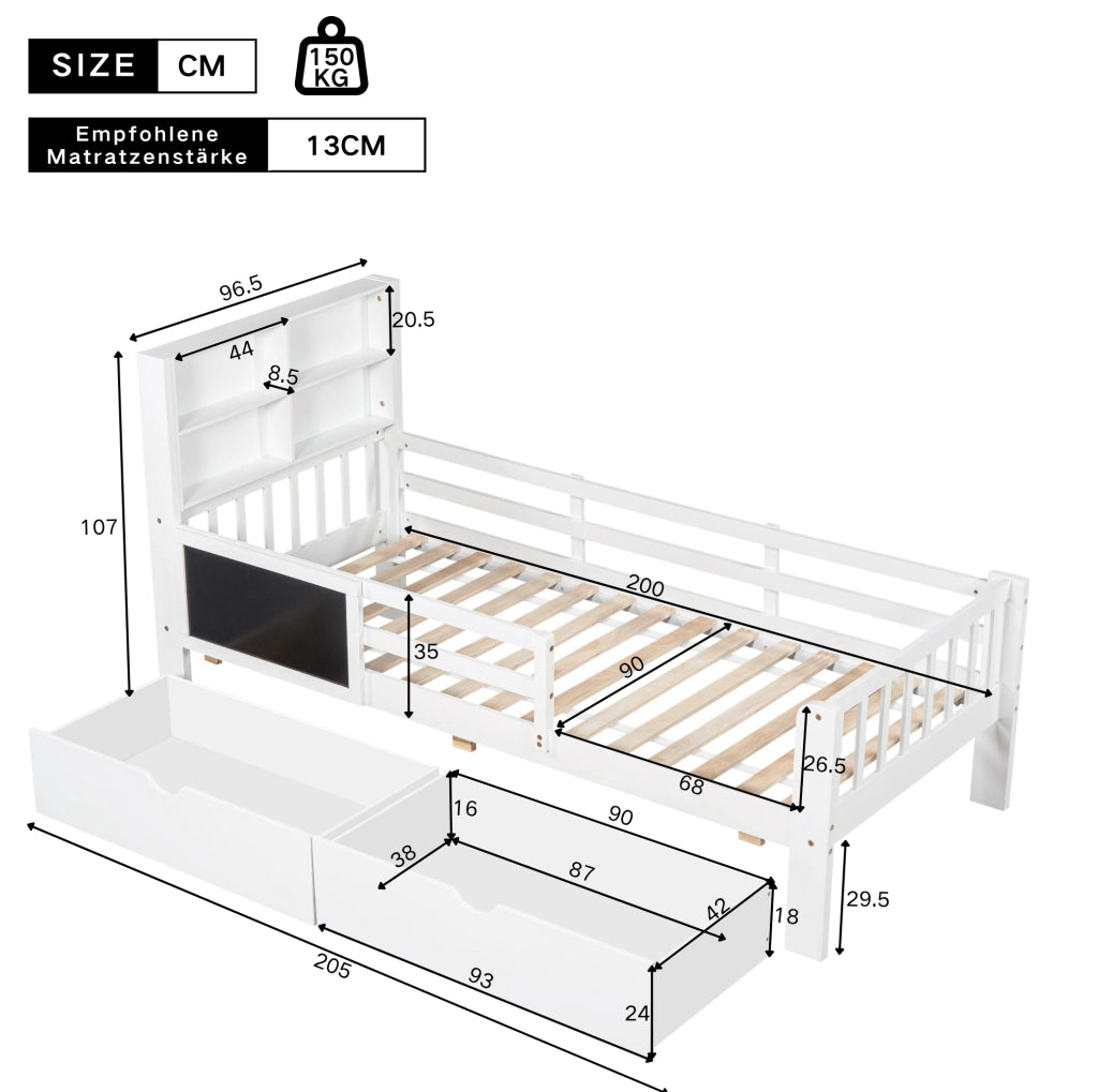 Letto per bambini 90x200 cm in legno massello e MDF; bianco; con lavagna e 2 cassetti