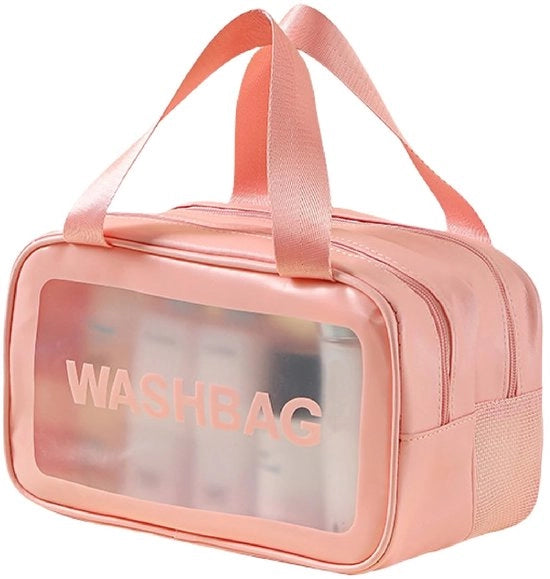 Toilette trasparente, borsa per cosmetici, separazione asciutta e umida, toilette portatile, toilette impermeabile in PVC, toilette per la truccatura, articoli da toeletta per donne e uomini (rosa, M)