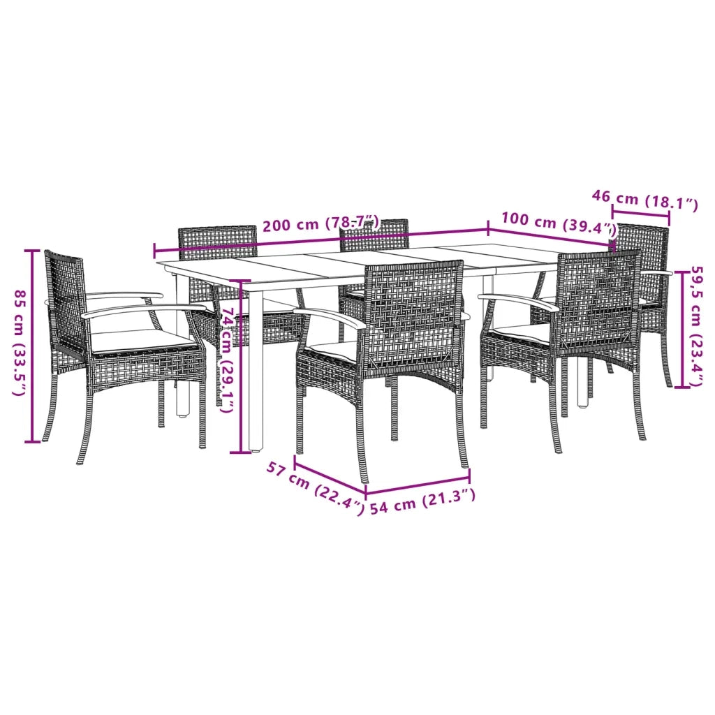 Set da Pranzo da Giardino 7 pz Nero con Cuscini in Polyrattan