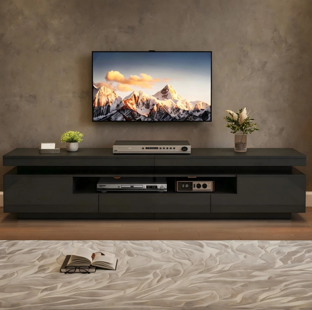 Mobile TV 175x38x45 cm con LED; 2 armadietti a L e 1 cassetto in truciolato nero