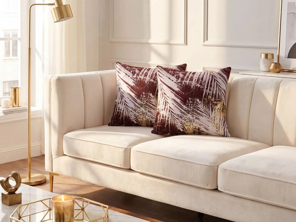 Set di 2 cuscini decorativi motivo foglia di palma bordeaux 45 x 45 cm motivo floreale stampa accessori arredamento glamour