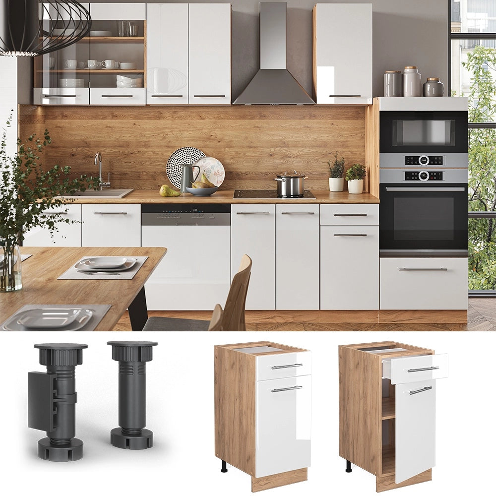 Mobiletto base per cucina Fame-Line Bianco lucido/Rovere dorato 40 cm, PL Marmo Vicco