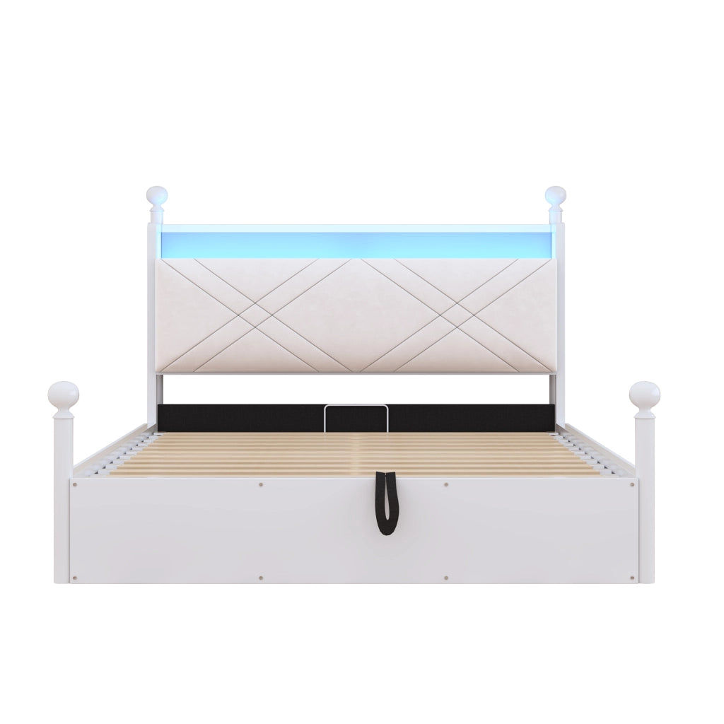 Letto Contenitore 140x190 cm con LED; USB; Type-C e Baldacchino rimovibile; Bianco