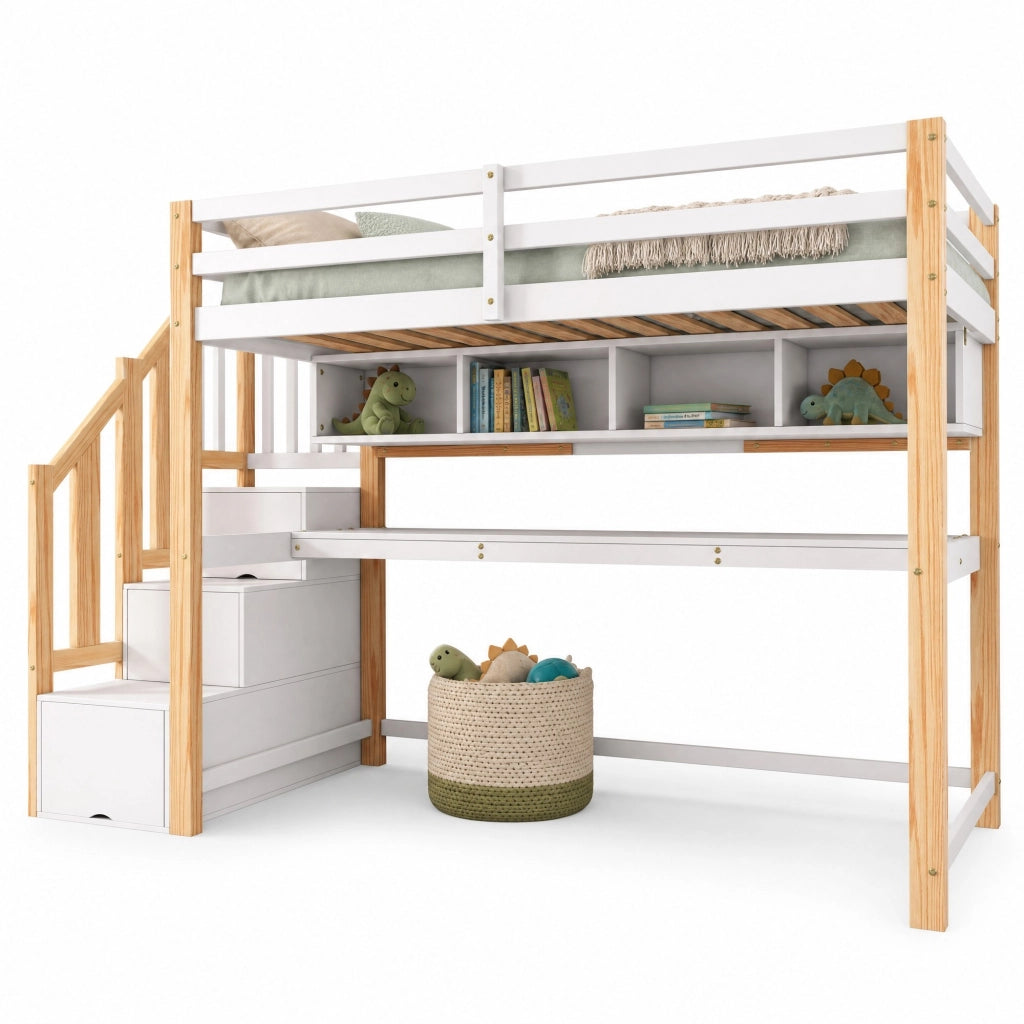Letto a soppalco per bambini con scrivania integrata e scala contenitore, 90x200 cm, Bianco/Quercia