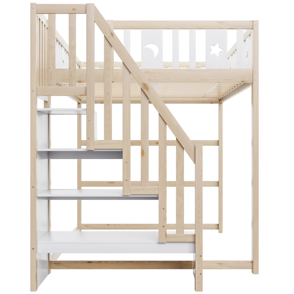 Letto a soppalco per bambini 140 × 200 cm con scala e ripiani, zona divano, senza materasso, legno massiccio bianco naturale