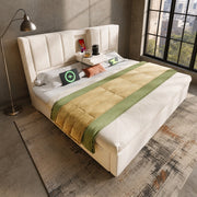 Letto imbottito 140x200 cm in lino beige con contenitore, portabicchieri a scomparsa e stazione di ricarica USB
