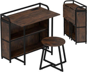 Scrivania per Computer con Piano Pieghevole e Stazione di Ricarica, 2 Ripiani Portaoggetti e Sgabello Rotondo, 90 x 55 cm, Ideale per Studio, Camera da Letto e Sala da Pranzo