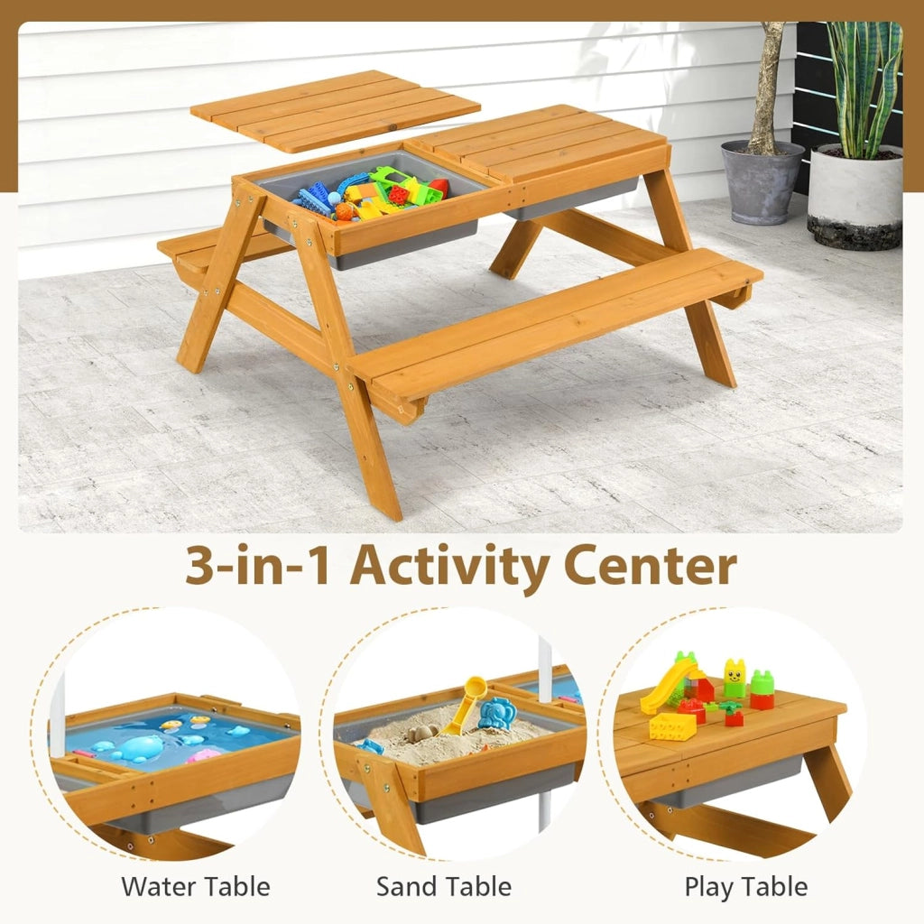 3-in-1 Set Tavolo Picnic per Bambini, con Ombrellone Regolabile e 2 Vaschette da Gioco, Panche per Bambini in Legno di Abete, Giochi Esterno da Giardino e Parco, 187 cm (Verde + Bianco + Blu)