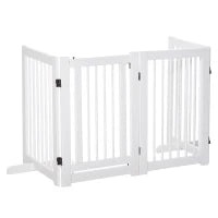 Recinzione per Cani 4 Pannelli, 204 x 75 cm, Recinzione Pieghevole con Porta, Recinzione per Cani Autoportante con 2 Piedi di Supporto, Recinzione per Scale in Legno per Ingresso, Cucina, Scala, Bianco