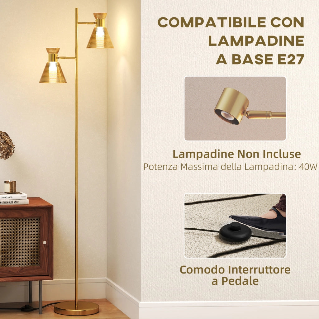 Lampada da Terra Moderna con 2 Luci Orientabili Interruttore a Pedale Oro