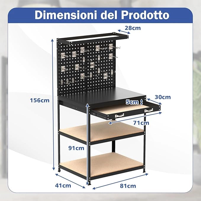 Banco da Lavoro con Piano da 80 x 40 cm, Banco da Lavoro Officina con Pannello Forato e 20 Ganci Porta Attrezzi, Tavolo da Lavoro per Garage con Cassetto e 2 Mensole (Nero)
