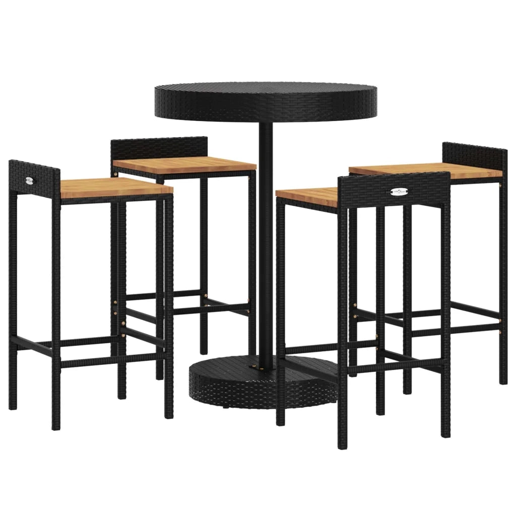 Set Bar Giardino 5 pz Nero Polyrattan e Legno Massello Acaciacod mxl 76721