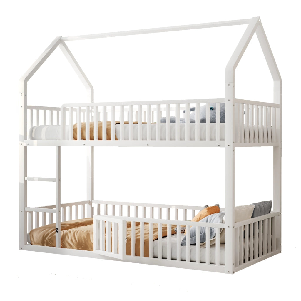 Letto a castello in metallo 90x200 cm bianco con scala frontale e porta apribile, design a casetta