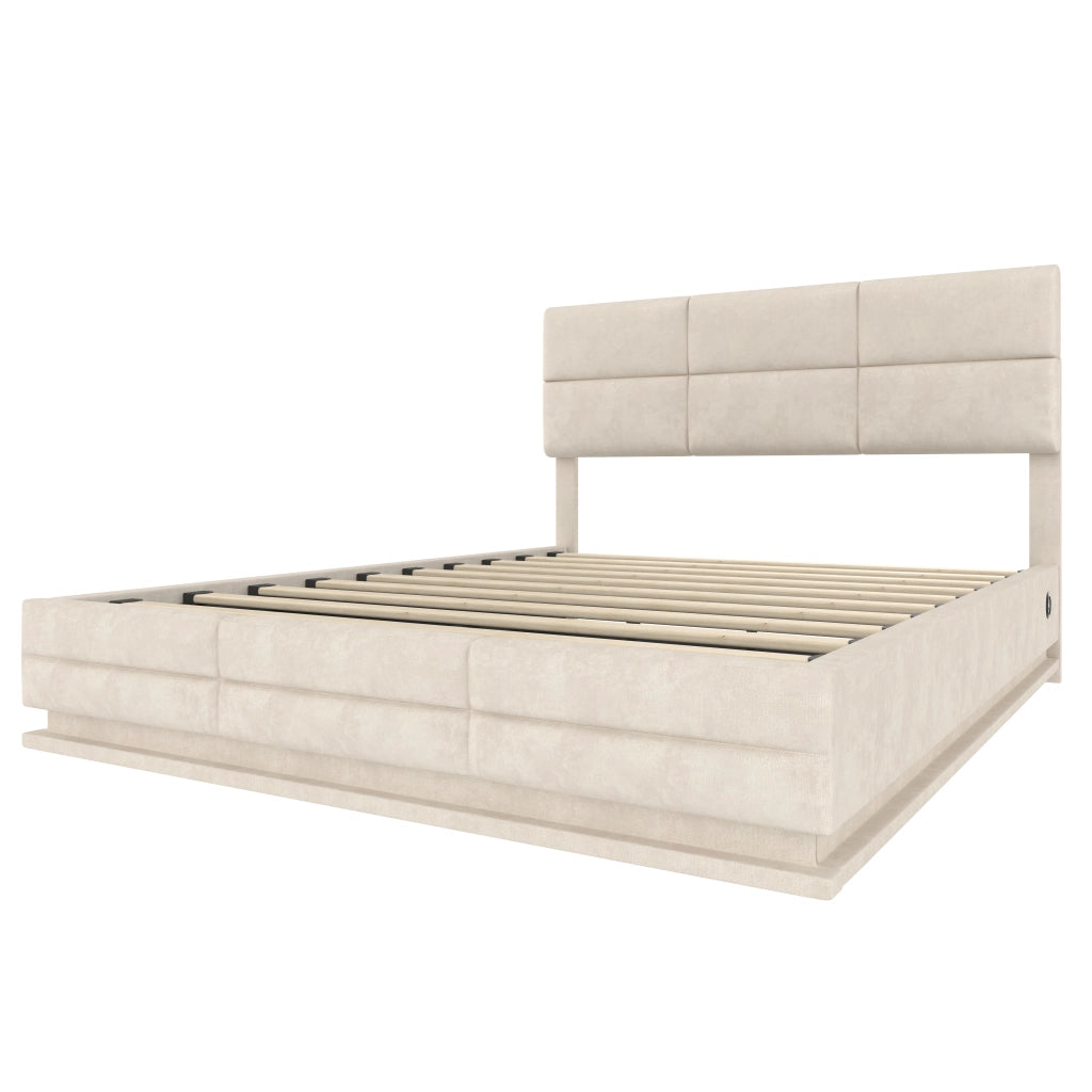 Letti contenitori 140x200 cm; testiera regolabile con LED e USB; velluto beige (Senza materasso)