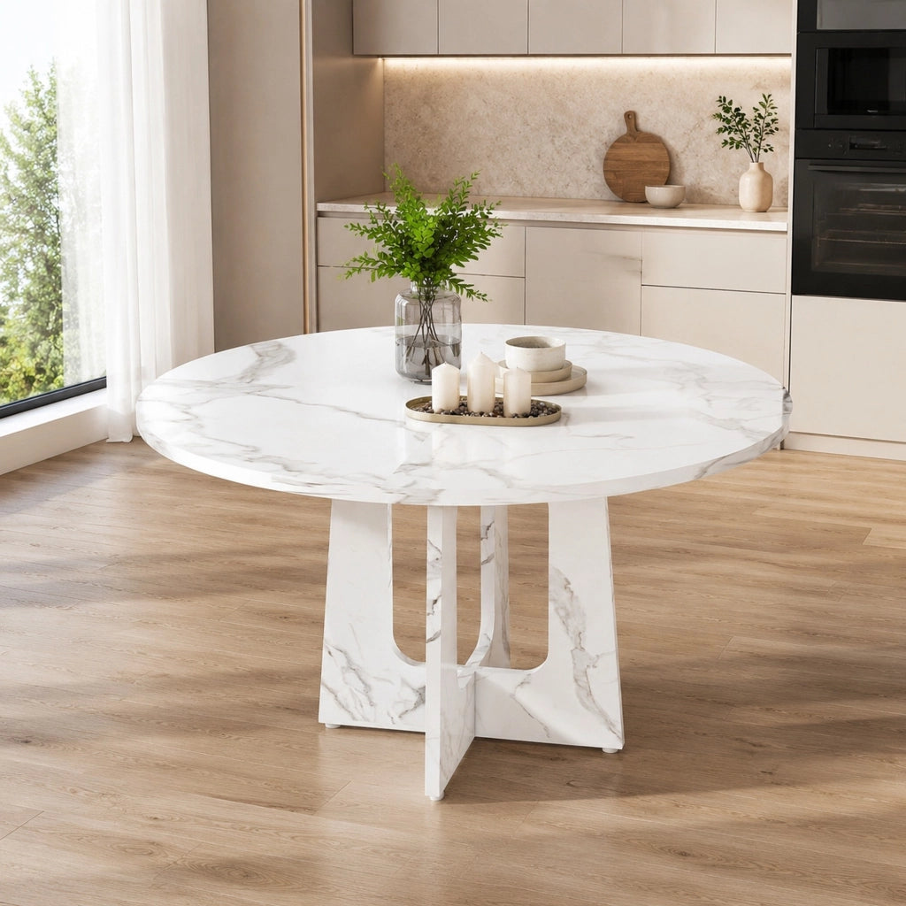 Tavolo da pranzo rotondo ? 120 x H 76 cm in MDF effetto marmo bianco