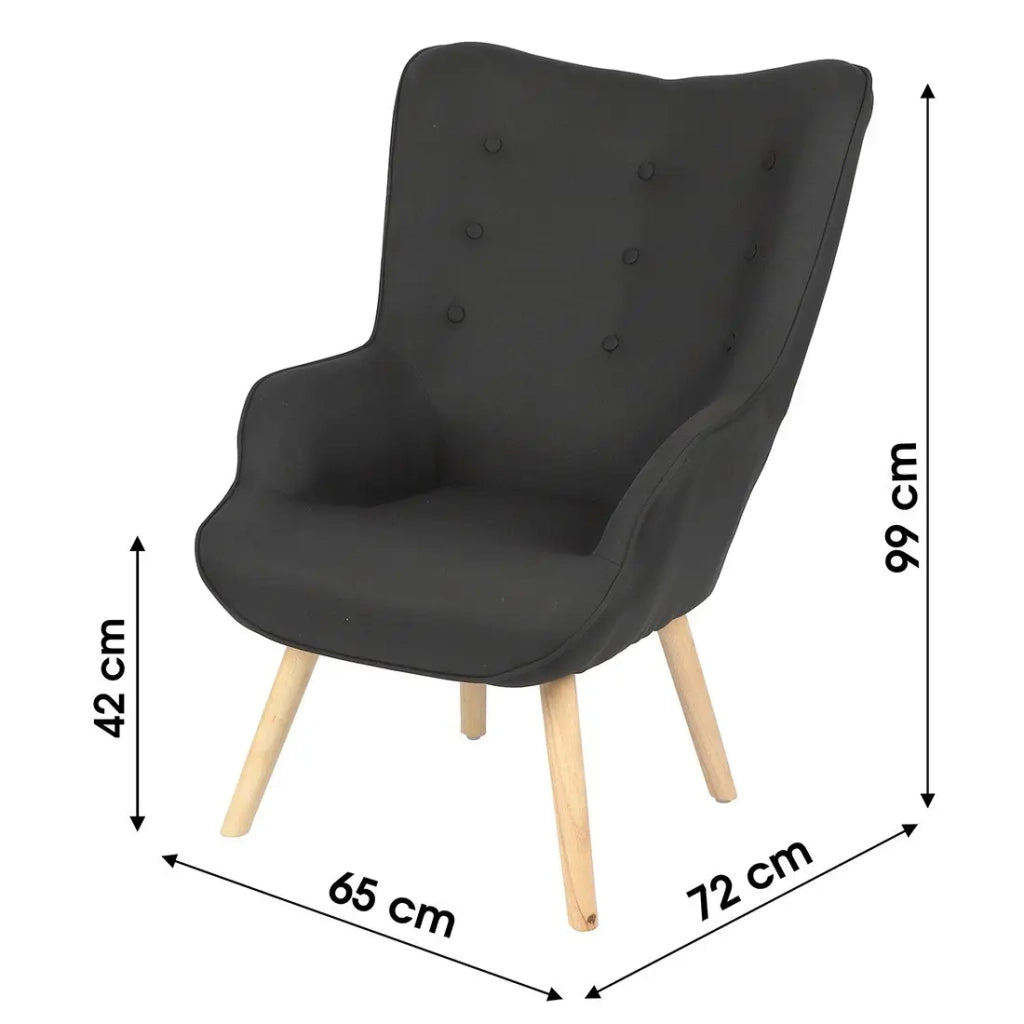 Poltrona da salotto in tessuto nero con piedi in legno collezione ENJOY. Stile scandinavo.