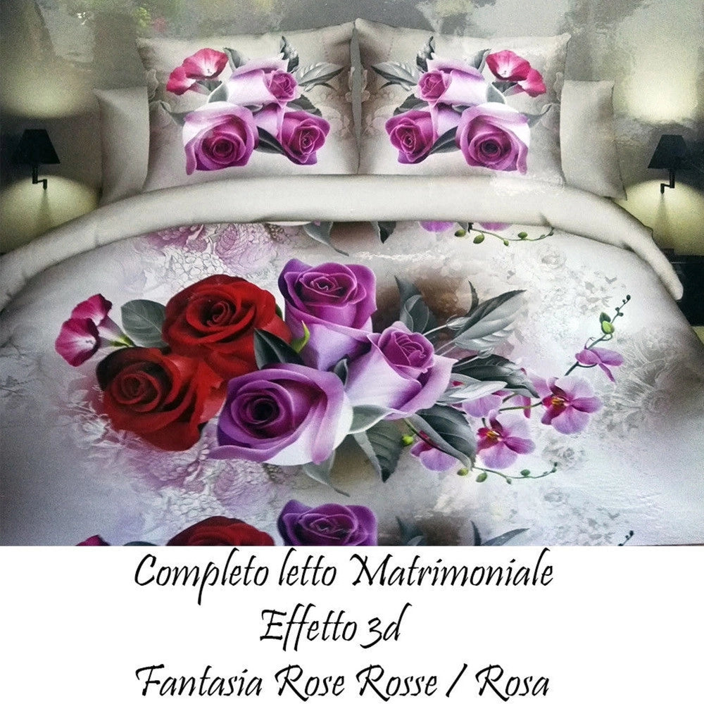 Trade Shop - Completo Letto 3d Lenzuola Matrimoniale Sotto Sopra Copricuscini Rose Rosse -