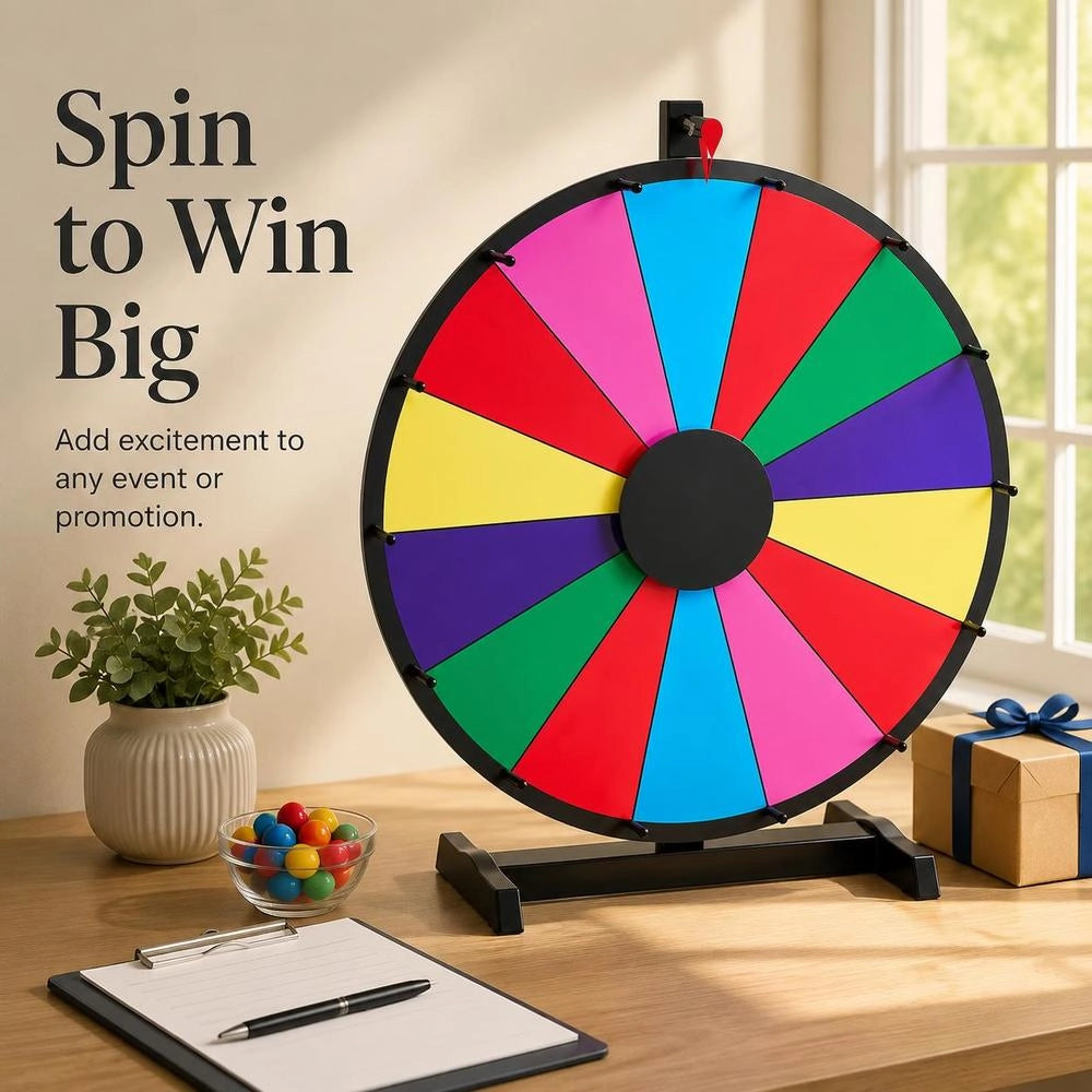 24 Inch Lucky Spin Wheel Game With 14 Slots And Stand, Erasable Blackboard Surface Includes 2 Markers For Party Bar Exhibition Raffle Event
