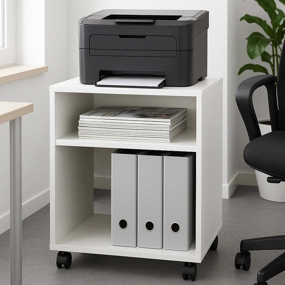 Mobile Ufficio Porta Stampante in Legno Bianco 4 Ruote 3 Ripiani Moderno Multiuso