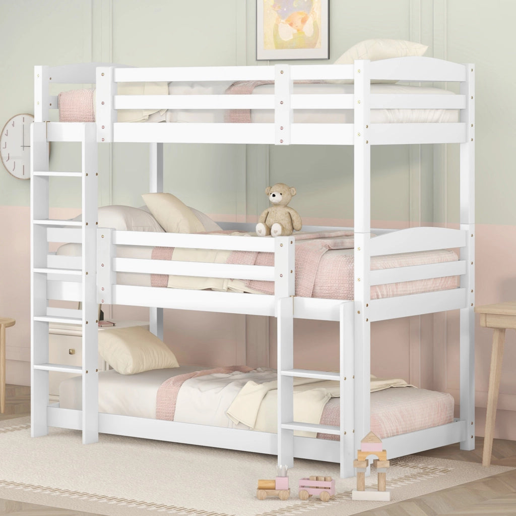 Letto a castello triplo per bambini 90x200 cm in legno di pino e MDF; bianco