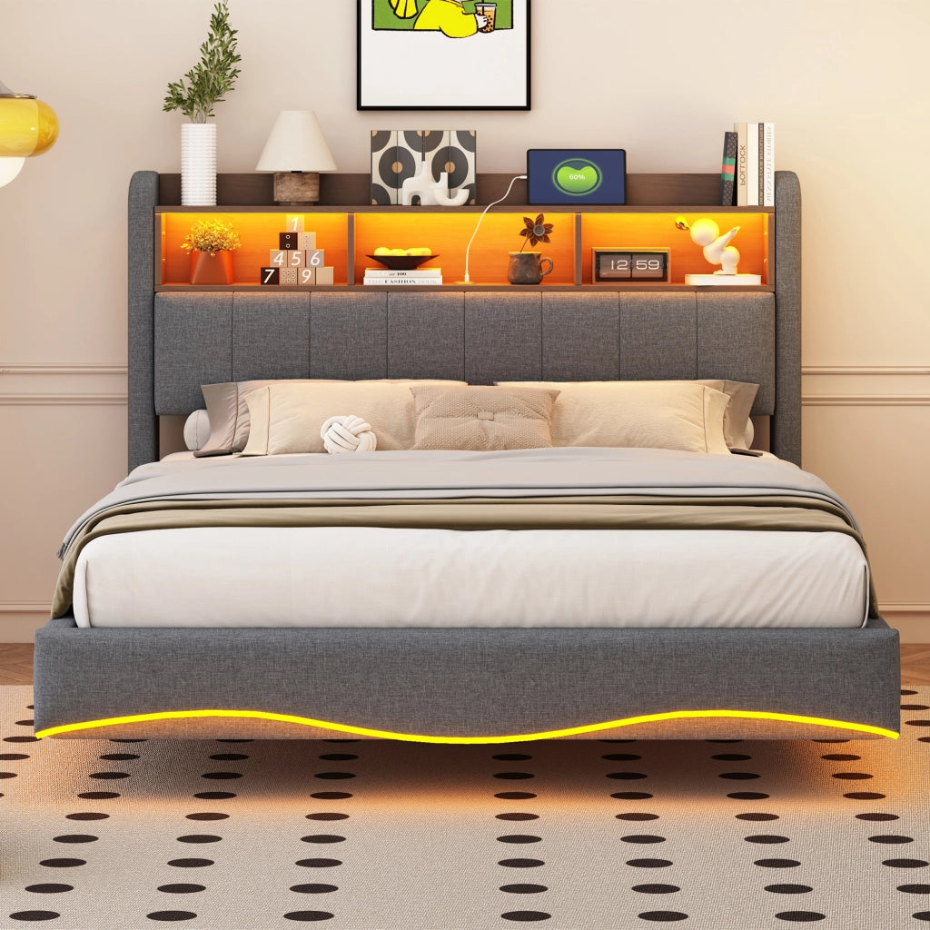 Letto imbottito sospeso 140x200 cm grigio con LED, porte USB e Tipo-C, struttura in metallo e contenitore testiera
