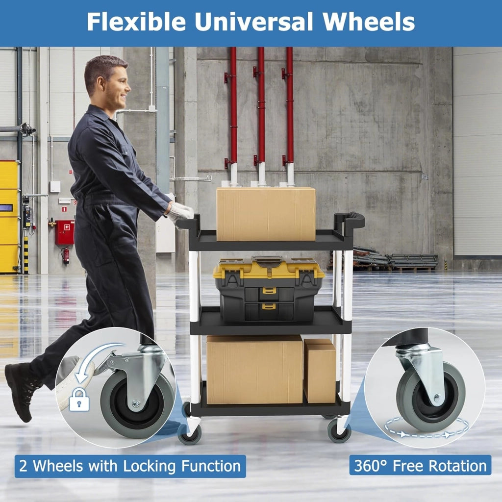 Carrello Rotolante in Metallo a 3 Livelli, Carrello per Strumenti Robusto con Ruote Universali Bloccabili, 2 Maniglie, Capacità 150 KG, Multifunzionale per Garage, Cucina, Magazzino