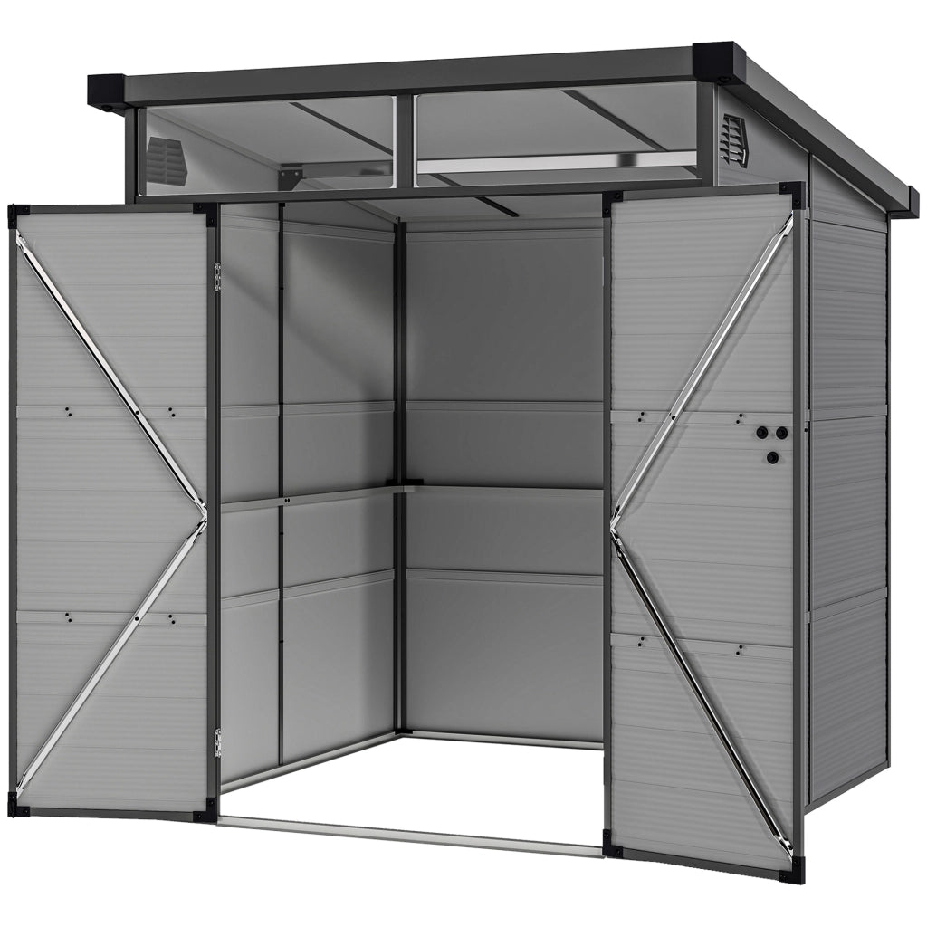 Casetta da Giardino in Plastica Porta Attrezzi con Finestre, Prese d'Aria e Blocco, 1.9x1.9 m, Grigio Chiaro