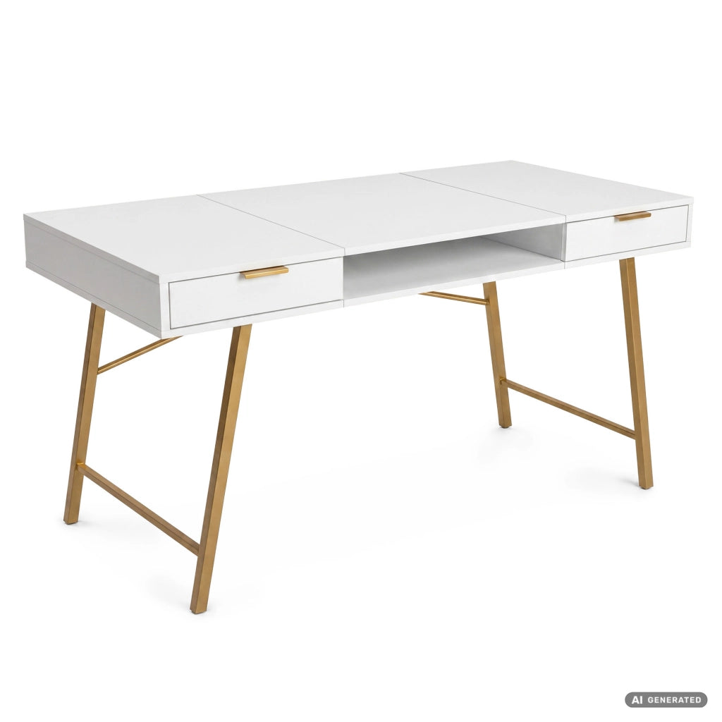 Scrivania industriale per computer Bianca ARDEN 120 cm 2 cassetti 1 ripiano gambe dorate