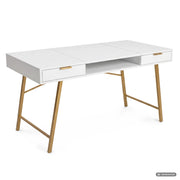 Scrivania industriale per computer Bianca ARDEN 120 cm 2 cassetti 1 ripiano gambe dorate