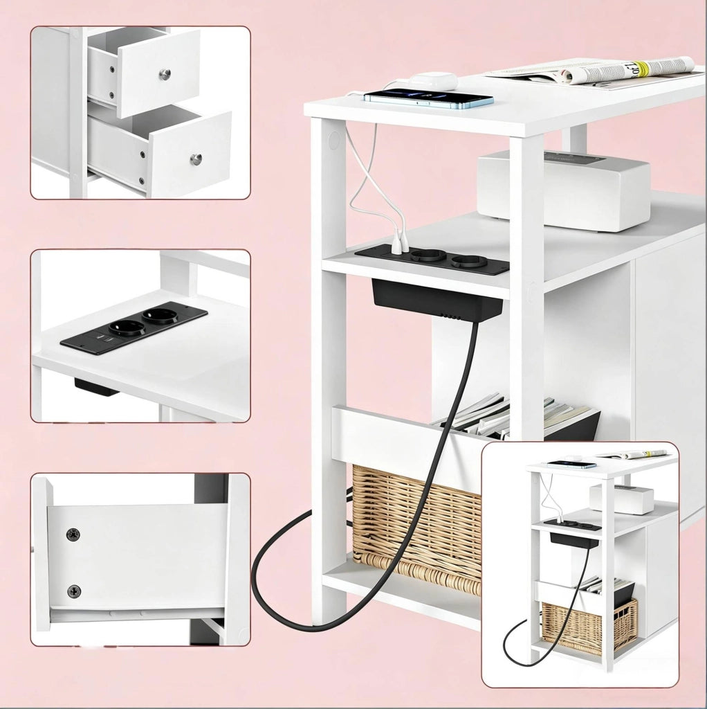 Tavolino laterale bianco con presa; 2 cassetti e ripiani; 60 x 60 x 30 cm