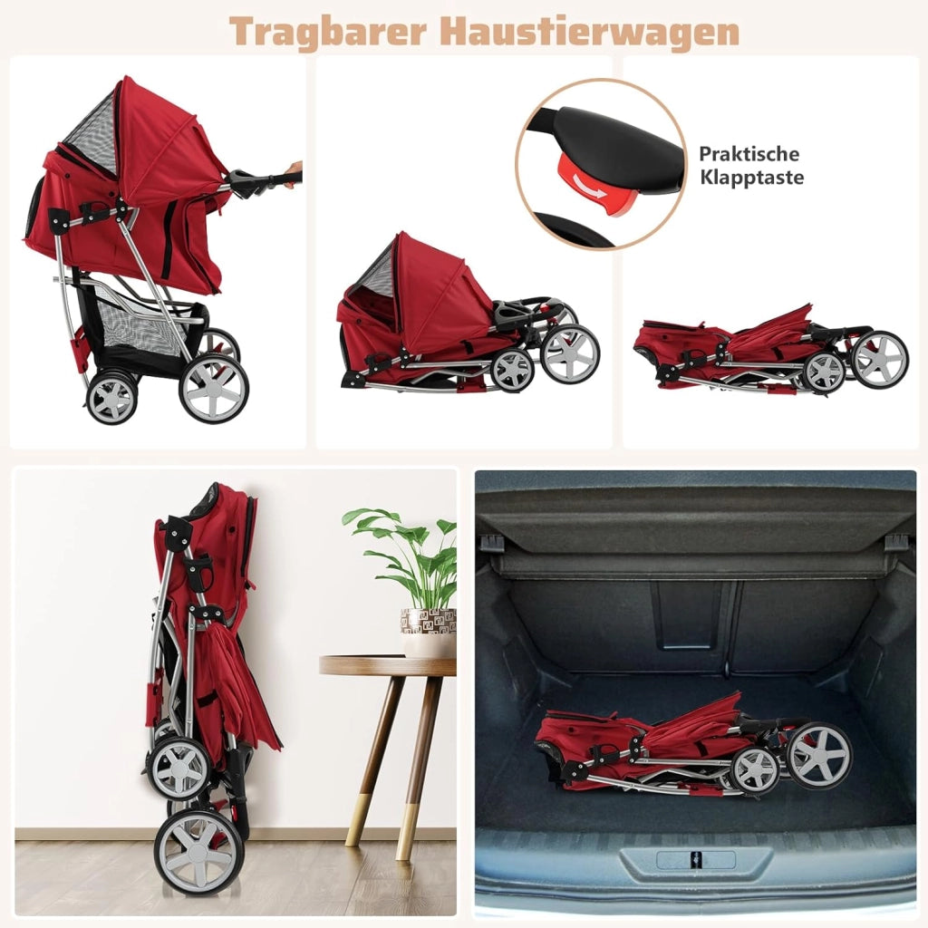 Passeggino per Cani e Gatti Pieghevole Fino 15 kg, Carrello per Animali Domestici, Trasportino Carrozzina Portatile da Viaggio e Passeggio con Tettuccio per Cuccioli, 87 x 46 x 102 cm (Rosso)