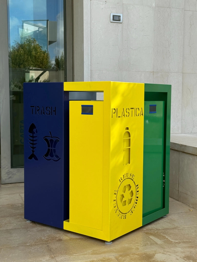 Porta Rifiuti Raccolta Differenziata in Acciaio – Made in Italy – 4 Scomparti con Cestini Estraibili – Plastica, Carta, Vetro e Indifferenziata – 70x70x92 cm