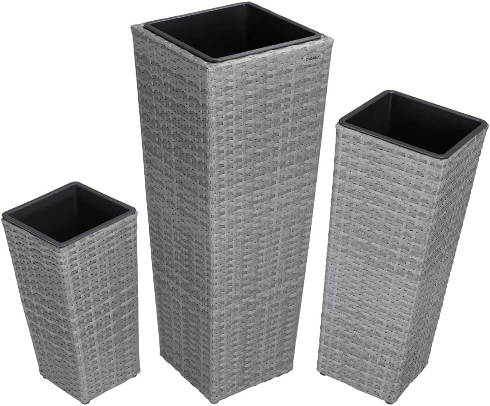 Deuba Fioriera in Polirattan Intrecciato a Mano Vaso Portafiori Set 3 pz Fioriere Cassette per Fiori Grigio