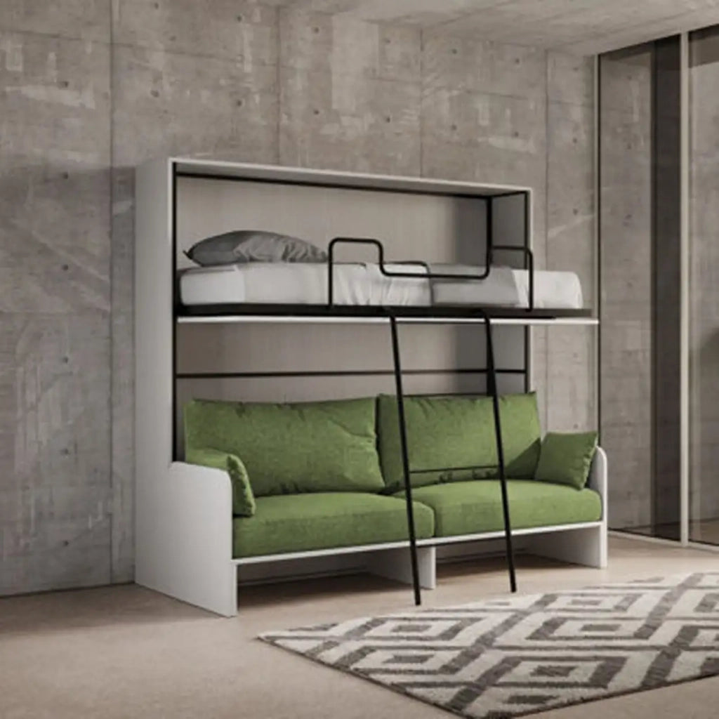 Letto doppio a scomparsa Kando con divano con materassi bianco frassino, verde