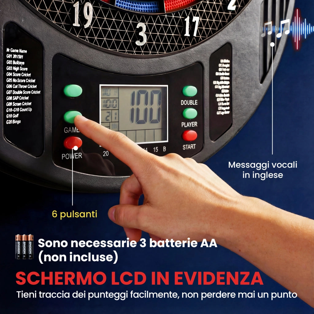 Bersaglio Elettronico 6 Freccette con Punta Morbida Display LCD per 8 Giocatori 18 Giochi e 159 Varianti