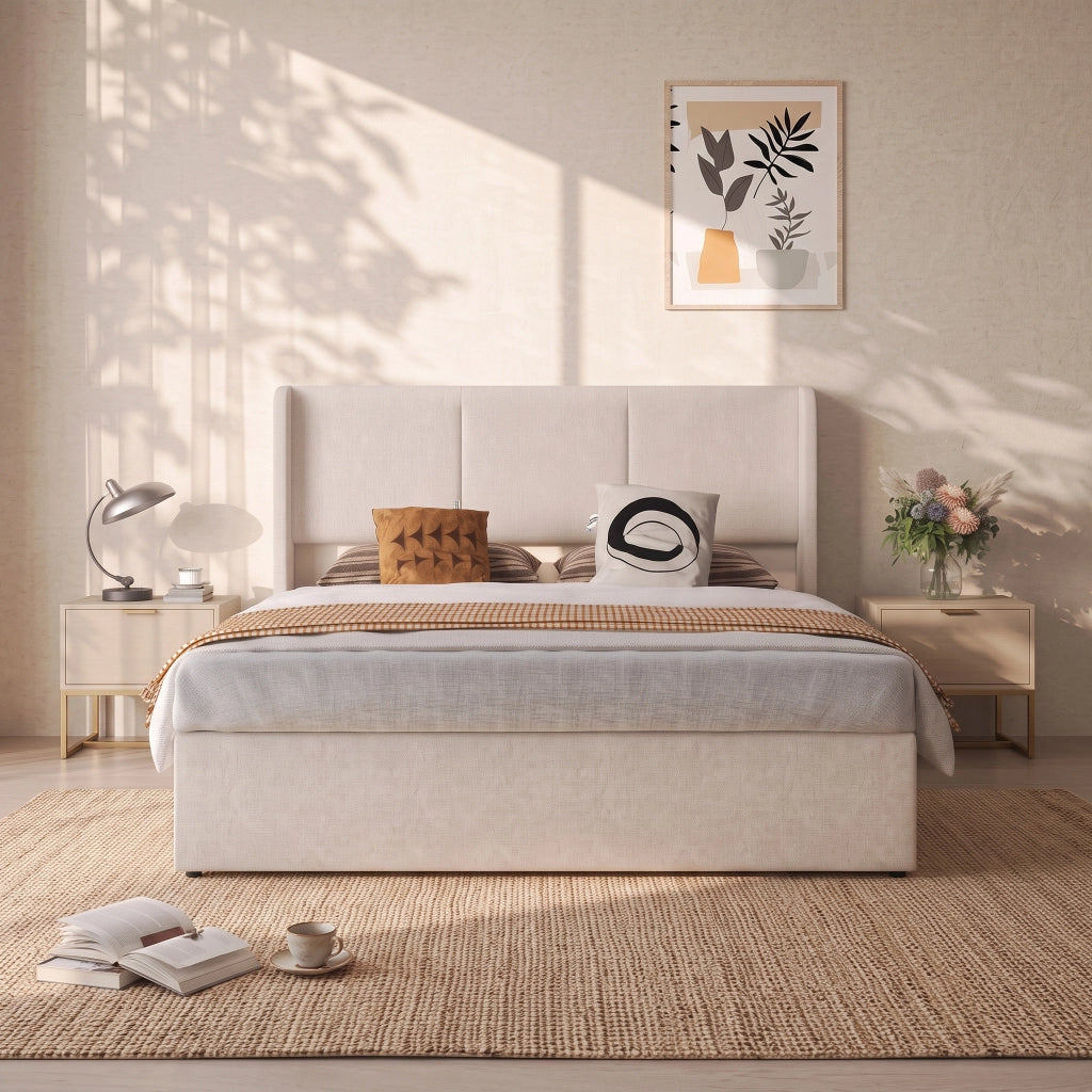 Letto matrimoniale contenitore 160x200 cm con testiera imbottita struttura letto rete a doghe vano idraulico in lino-beige
