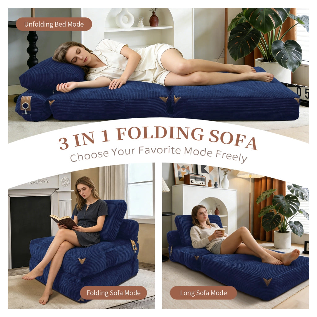 Divano letto pieghevole compatto con supporto avvolgente per piccoli spazi in flanella blu 52.0 × 42.0 × 33.0 cm