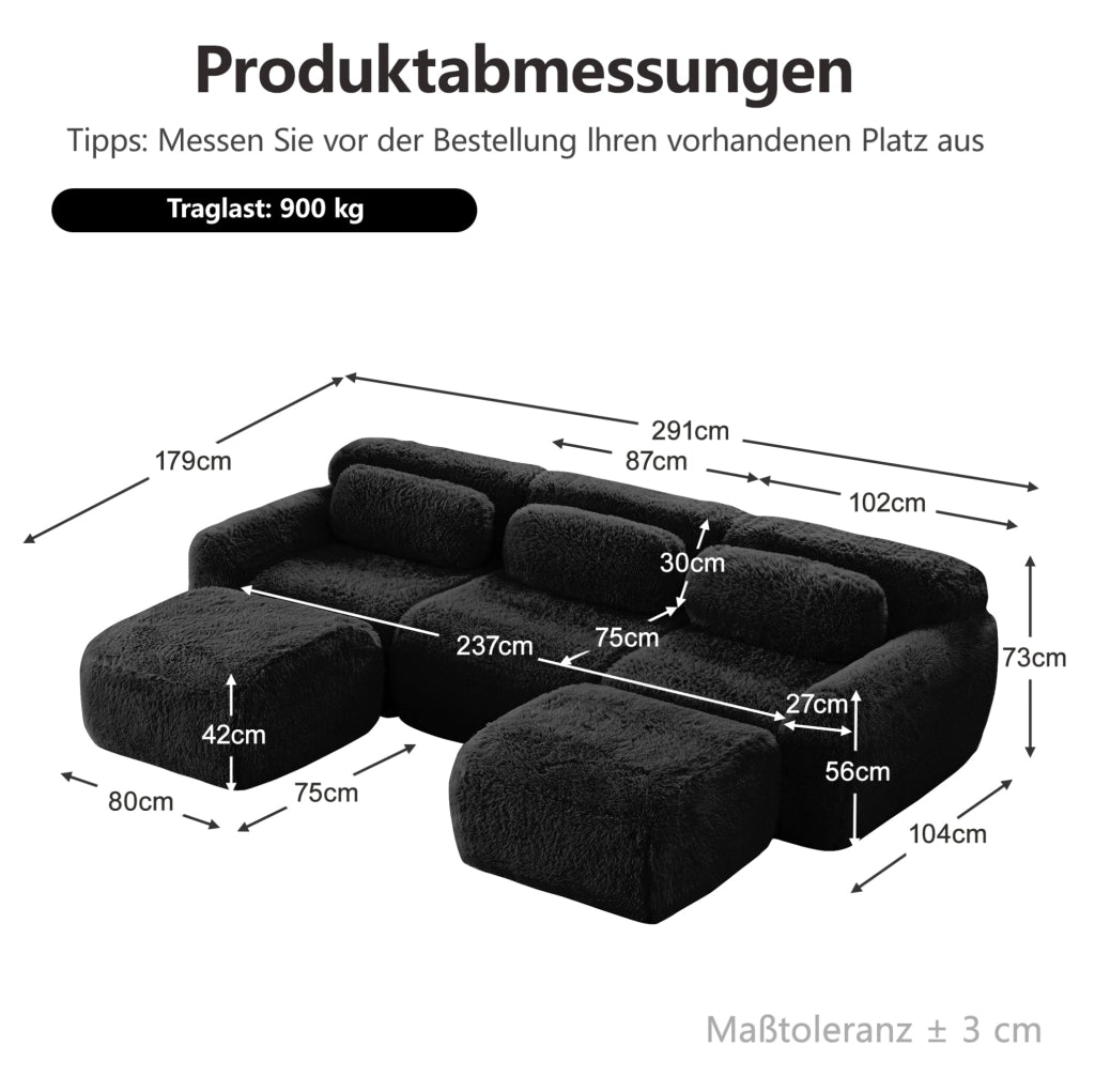Divano modulare angolare a U in tessuto plush 291x179x73 cm; nero