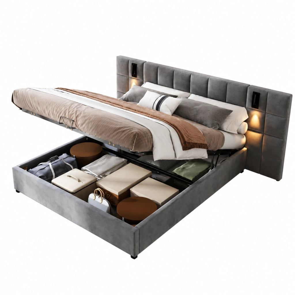 Letti contenitori 160x200 cm con contenitore e testiera con lampada regolabile e USB; acciaio; grigio (Senza materasso)