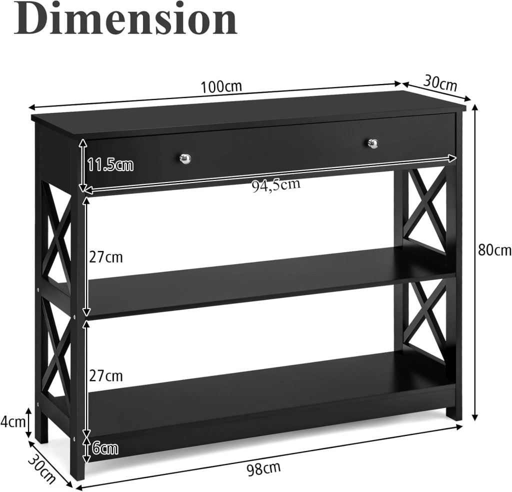 Ingresso per ingresso, console da ingresso stretta a 3 livelli con ampio cassetto per chiavi, orologi e gioielli, mobile ingresso per soggiorno e camera da letto, 100 x 30 x 80 cm (nero)