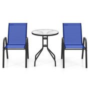 Set bistrot da esterno 3 pezzi, Tavolino rotondo con 2 sedie impilabili piano tavolo in vetro temperato Blu-Set mobili da esterno